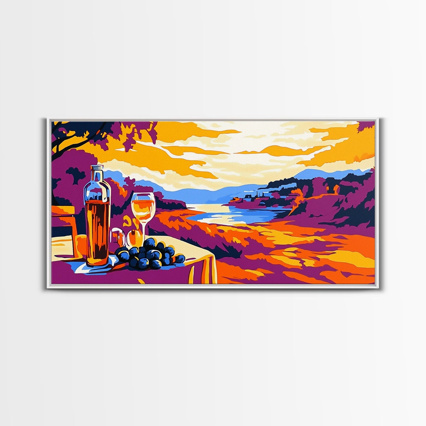 Wine and Sunset, Coastal Vineyard Art, Framed Canvas Print, Kitchen Wall Decor, Rustic Countryside Art, Tuscany Inspired