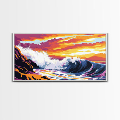 Crashing Wave, Sunset Surf, Nautical Wall Art, Framed Canvas Print, Coastal Decor, Ocean Lover Gift, Tropical Beach Art, Beach House Style