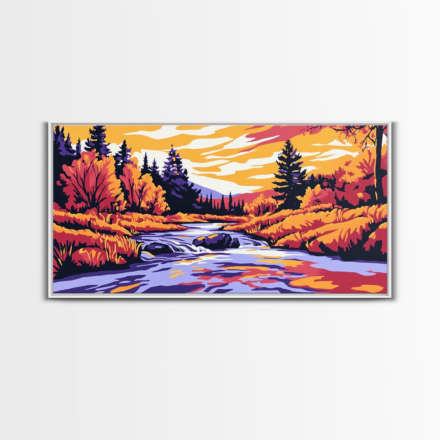 Autumn River, Fall Colors, Nature Scene, Framed Canvas Print, Rustic Home Decor, Living Room Wall Art, Landscape Painting, Boho Art