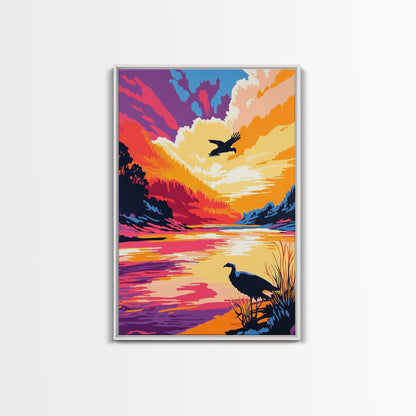 Sunset River, Birds, Framed Canvas Print, Vibrant Nature Art, Wildlife Wall Art, Autumn Landscape, Office Artwork, Colorful Sunset Scene