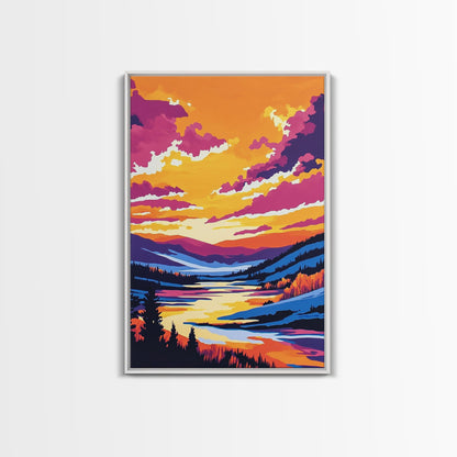 Sunset Valley, Reflection, Framed Canvas Print, Mountain River Art, Vibrant Landscape, Living Room Wall Art, Rustic Home Decor