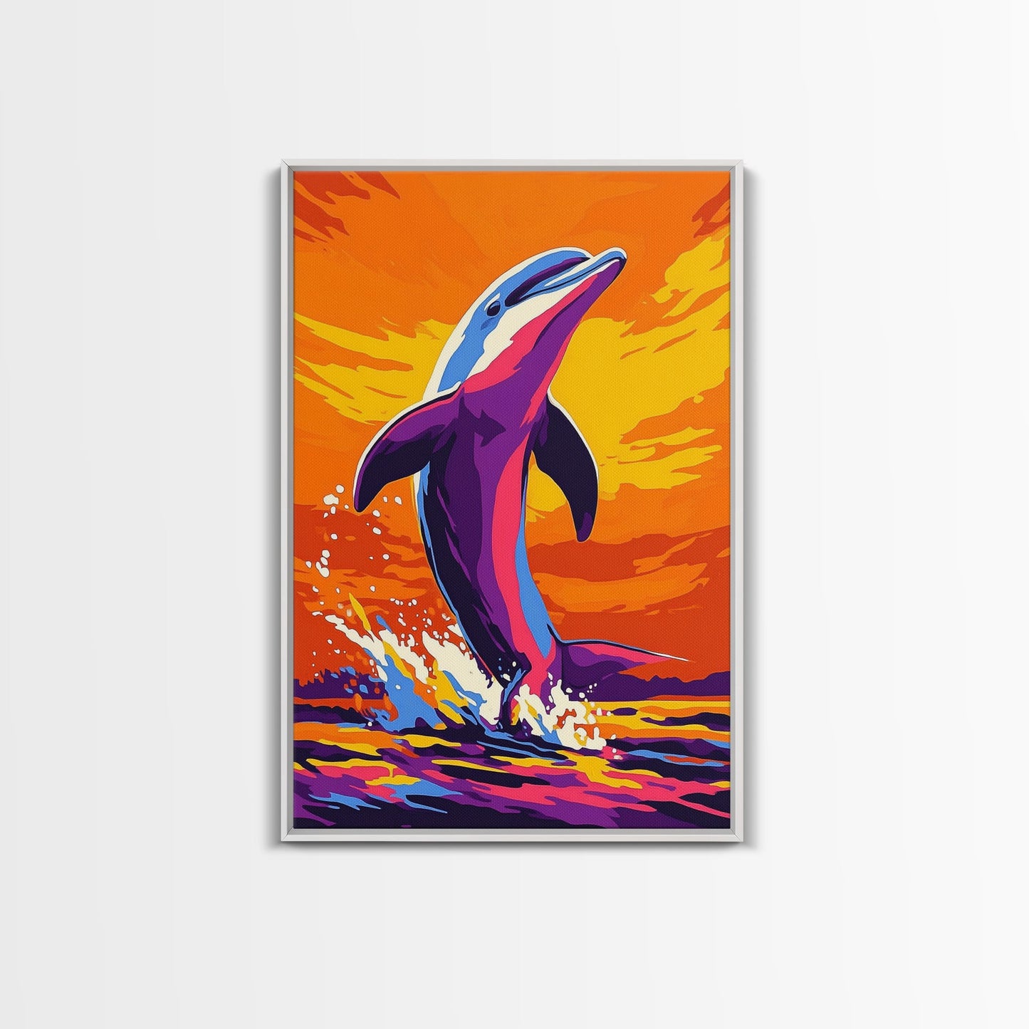 Dolphin Ocean, Sunset, Framed Canvas Print, Vibrant Sea Life Art, Beach House Decor, Coastal Living Art, Sunset Painting, Nautical Theme