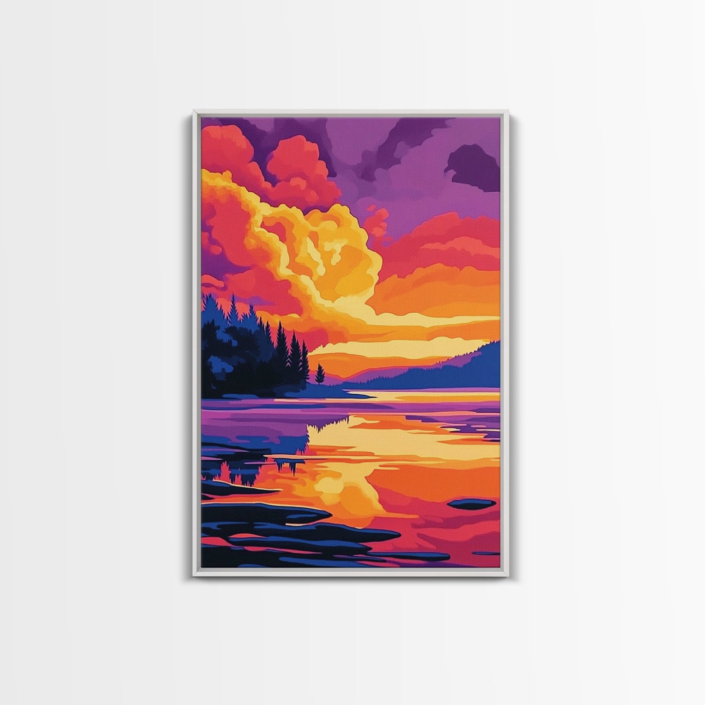 Tranquil Lake, Vibrant Sunset, Reflection Art, Serene Scene, Framed Canvas Print, Living Room Wall Art, Nature Decor, Landscape Painting