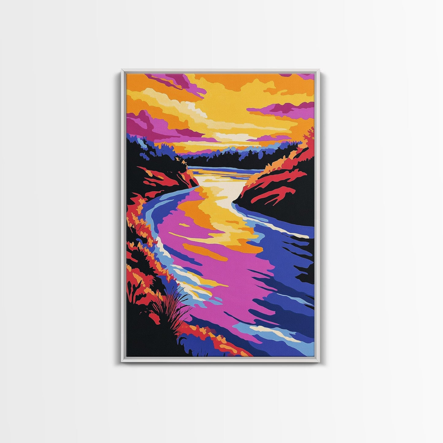 Sunset River Bend, Vibrant Landscape, Colorful Sky, Bold Nature, Framed Canvas Print, Living Room Art, Rustic Wall Decor, Boho Landscape