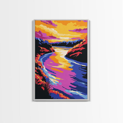 Sunset River Bend, Vibrant Landscape, Colorful Sky, Bold Nature, Framed Canvas Print, Living Room Art, Rustic Wall Decor, Boho Landscape