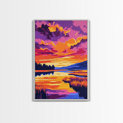 Sonnenuntergangsspiegelung, lebendige Naturkunst, Herbstlandschaft, malerische Wanddekoration, gerahmter Leinwanddruck, Wandbild fürs Wohnzimmer, Boho-Kunst