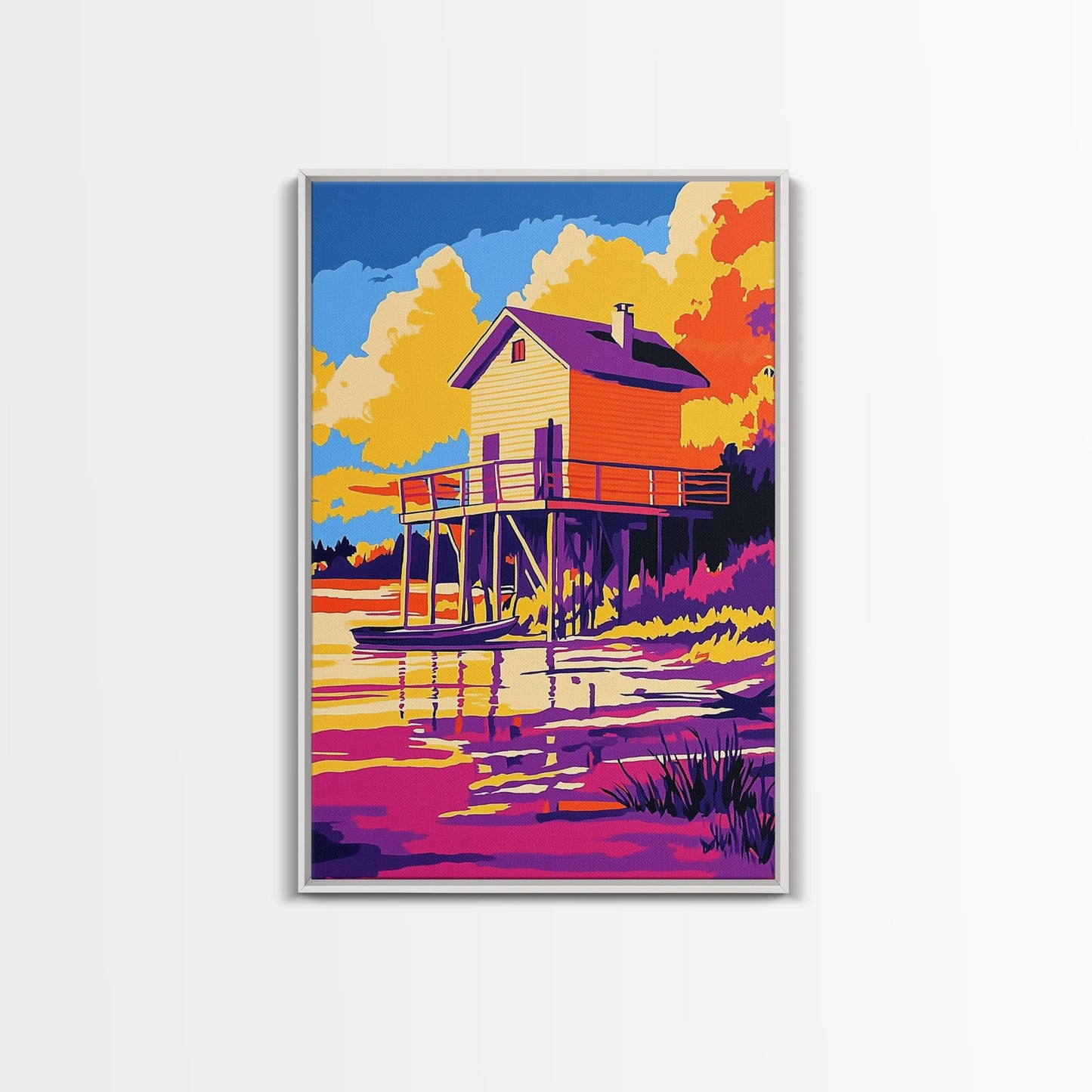Sunset Cabin, Lake House, Scenic Art, Framed Canvas Print, Colorful Wall Art, Rustic Decor, Nature Painting, Living Room Wall Art