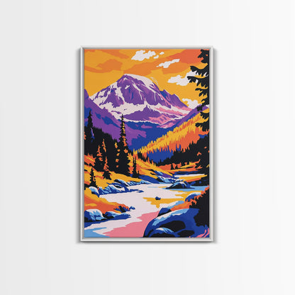 Snowy Peaks, Majestic Mountains, Wilderness Landscape, Cabin Aesthetic, Cozy Decor, Adventure Theme, Living Room, Canvas Print, Bold Colors