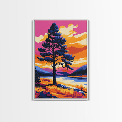 Lone Tree, Mountain Landscape, Vibrant Nature Art, Sunset Painting, Framed Canvas Print, Wilderness Decor, Autumn Wall Art, Office Decor