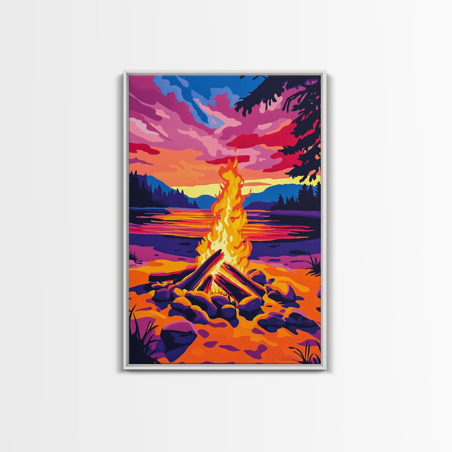 Campfire at Sunset, Framed Canvas Print, Cozy Outdoor Scene, Vibrant Warm Colors, Rustic Cabin Wall Art, Nature Art, Living Room Accent