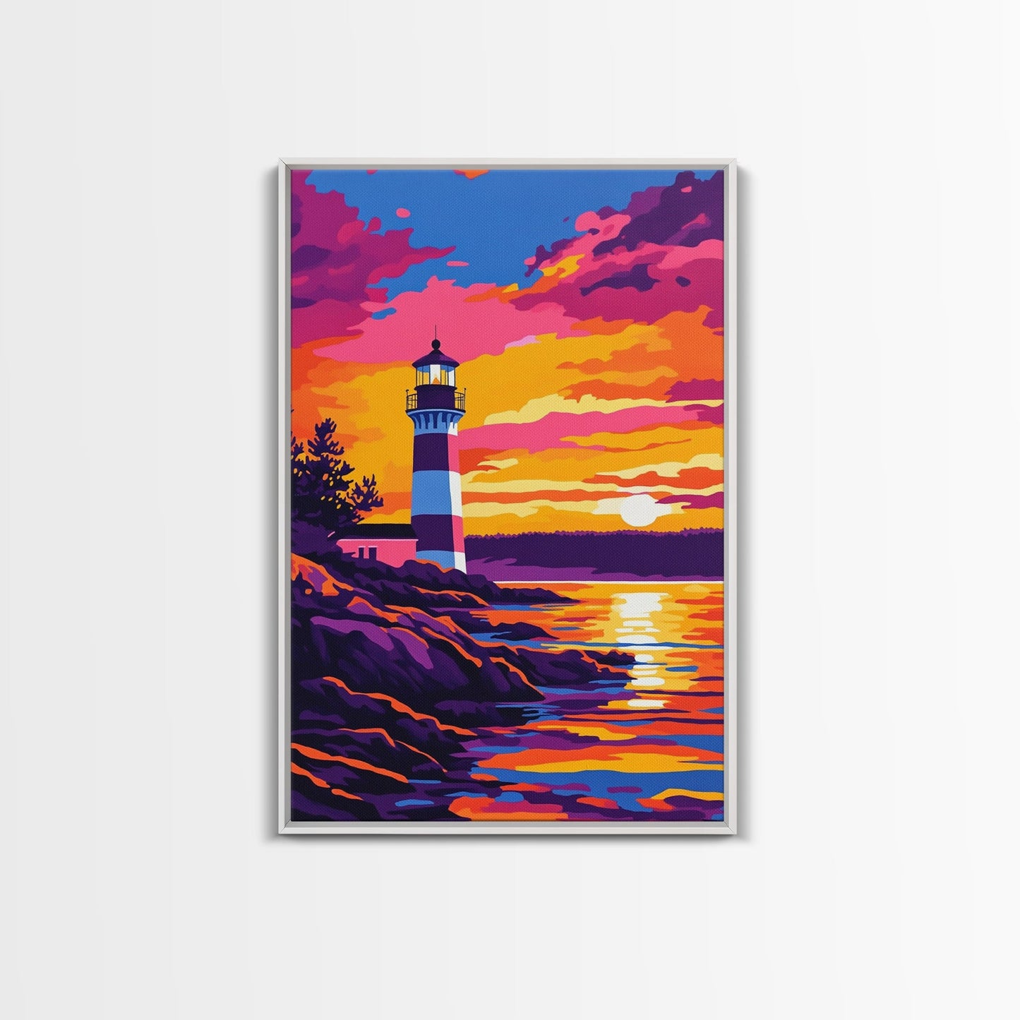 Leuchtturm, Sonnenuntergang, Küste, Meereslandschaft, gerahmter Leinwanddruck, nautische Dekoration, Wandbild fürs Strandhaus, lebendiges Ozeangemälde, Wohnzimmerkunst