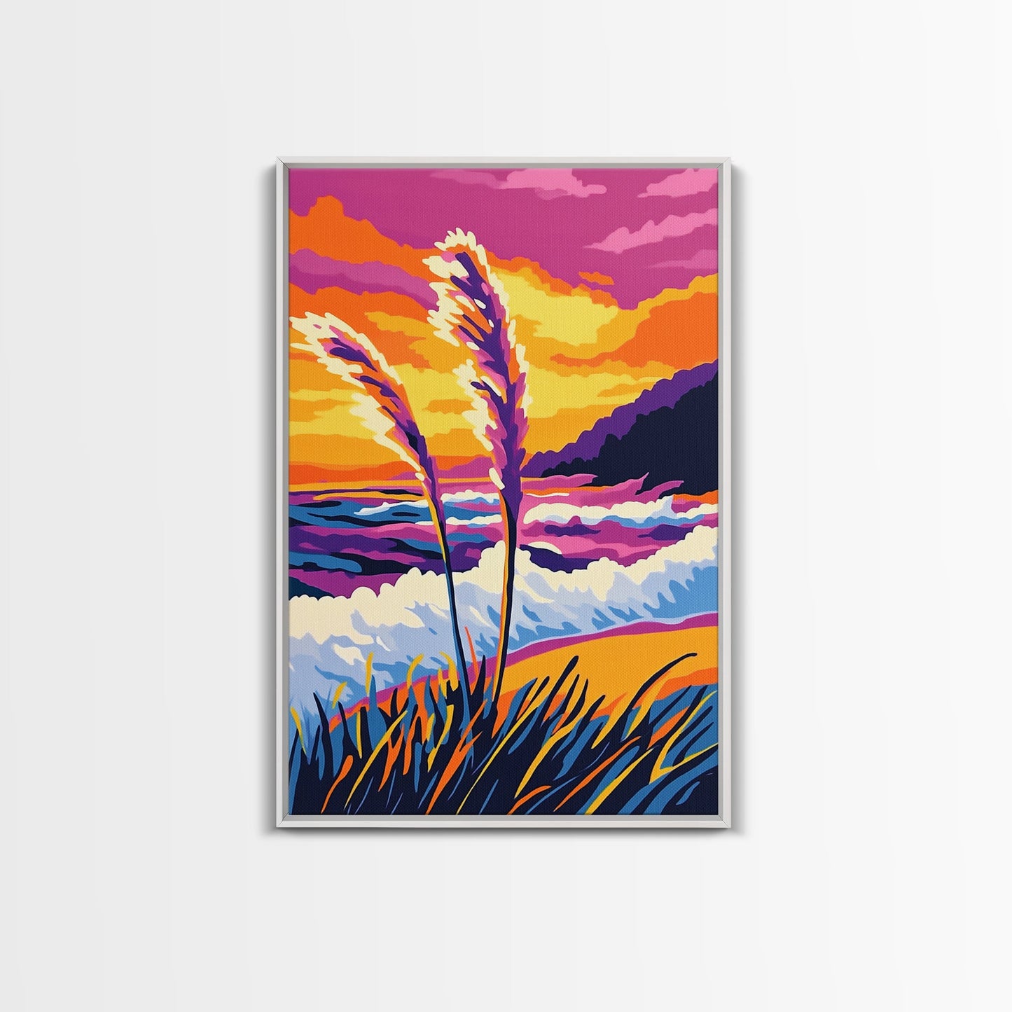 Coastal, Waves, Beach, Ocean, Framed Canvas Print, Vibrant Beach Art, Tropical Wall Decor, Living Room Art, Colorful Nautical Painting