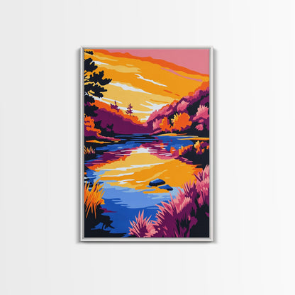 Tranquil Stream, Sunset Reflection, Framed Canvas Print, Cozy Wall Art, Nature Retreat Decor, Living Room Artwork, Serene Landscape