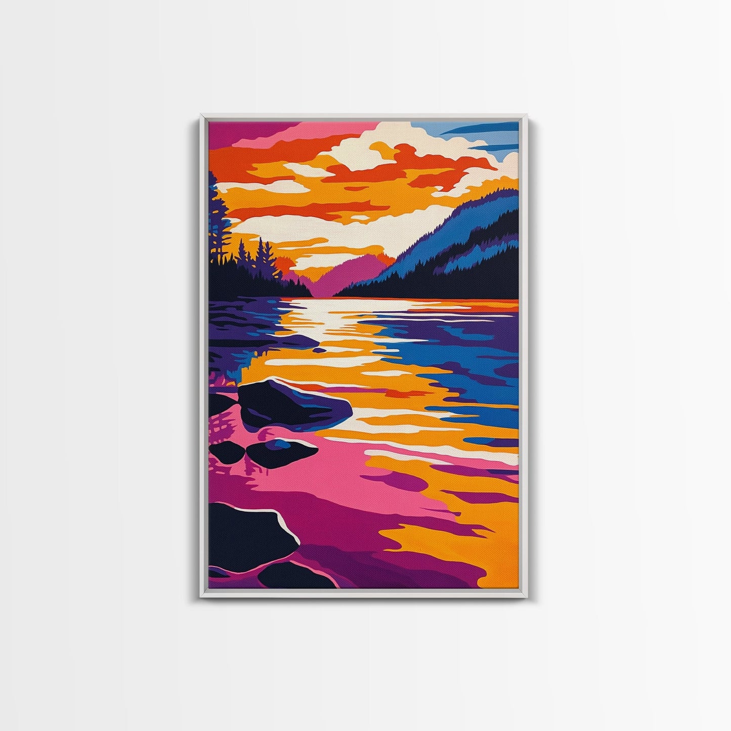 Lake, Reflective Sunset, Tranquil Nature, Canvas Print, Serene Landscape, Home Wall Art, Mountain View Decor, Living Room Artwork