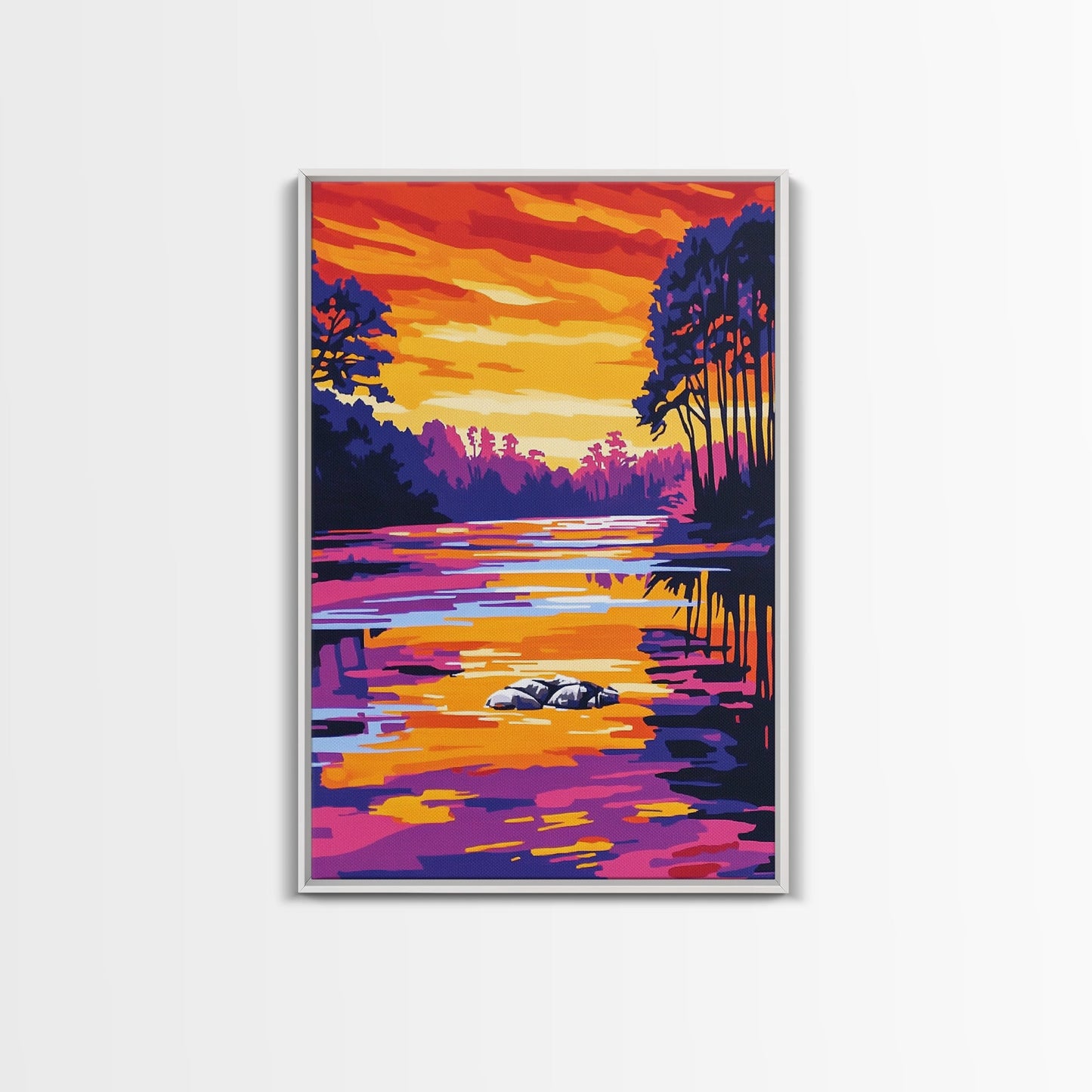 River Sunset, Nature Reflection, Forest Landscape, Peaceful Water, Framed Canvas Print, Boho Art, Rustic Wall Art, Bedroom Decor