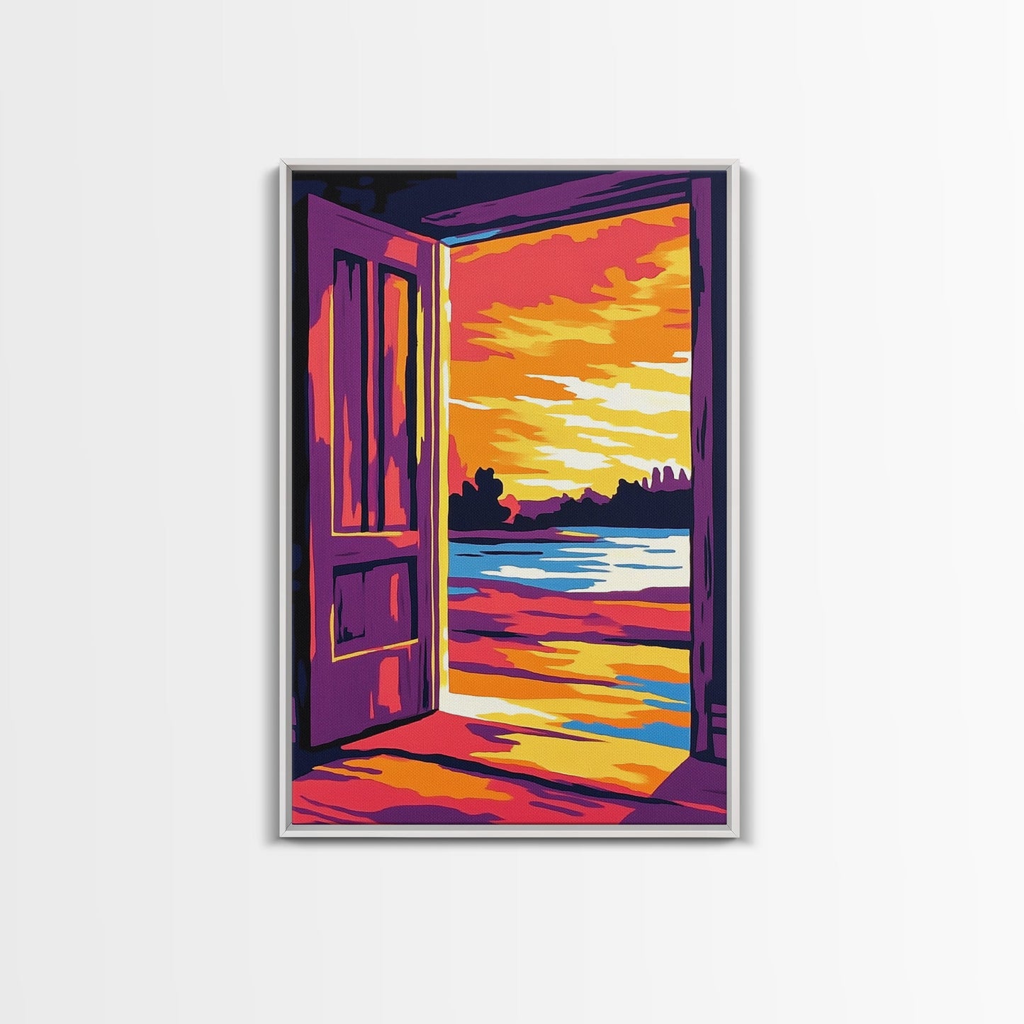 Offene Tür, Sonnenuntergangsmotiv, Gemälde mit warmem Licht, Einladende Wohndekoration, Inspirierende Wandkunst, Gemütliche Inneneinrichtung, Gerahmter Leinwanddruck