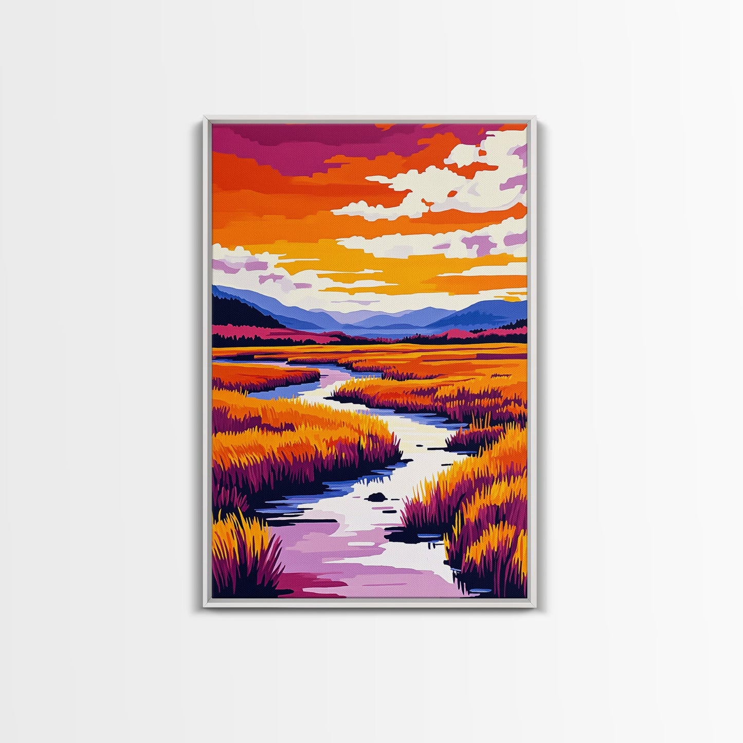 River Landscape Painting, Autumn Wall Art, Nature Inspired Print, Warm Color Palette, Framed Canvas Print, Cozy Living Room Decor