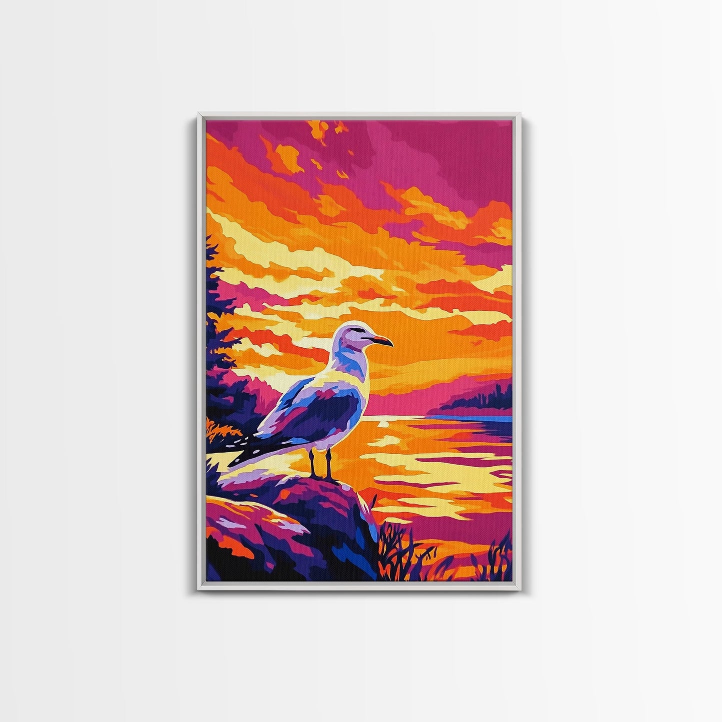 Seagull Sunset Art, Coastal Bird Painting, Ocean Landscape Print, Beach House Wall Decor, Framed Canvas Print, Nautical Bedroom Artwork
