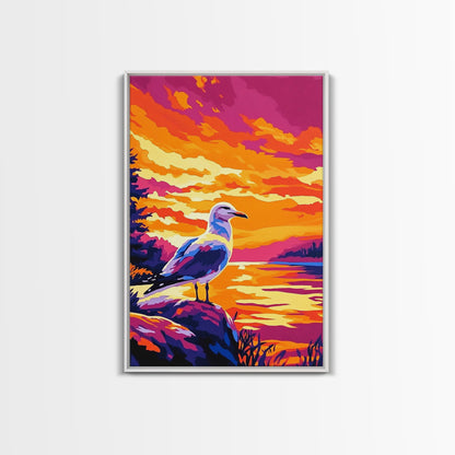 Seagull Sunset Art, Coastal Bird Painting, Ocean Landscape Print, Beach House Wall Decor, Framed Canvas Print, Nautical Bedroom Artwork