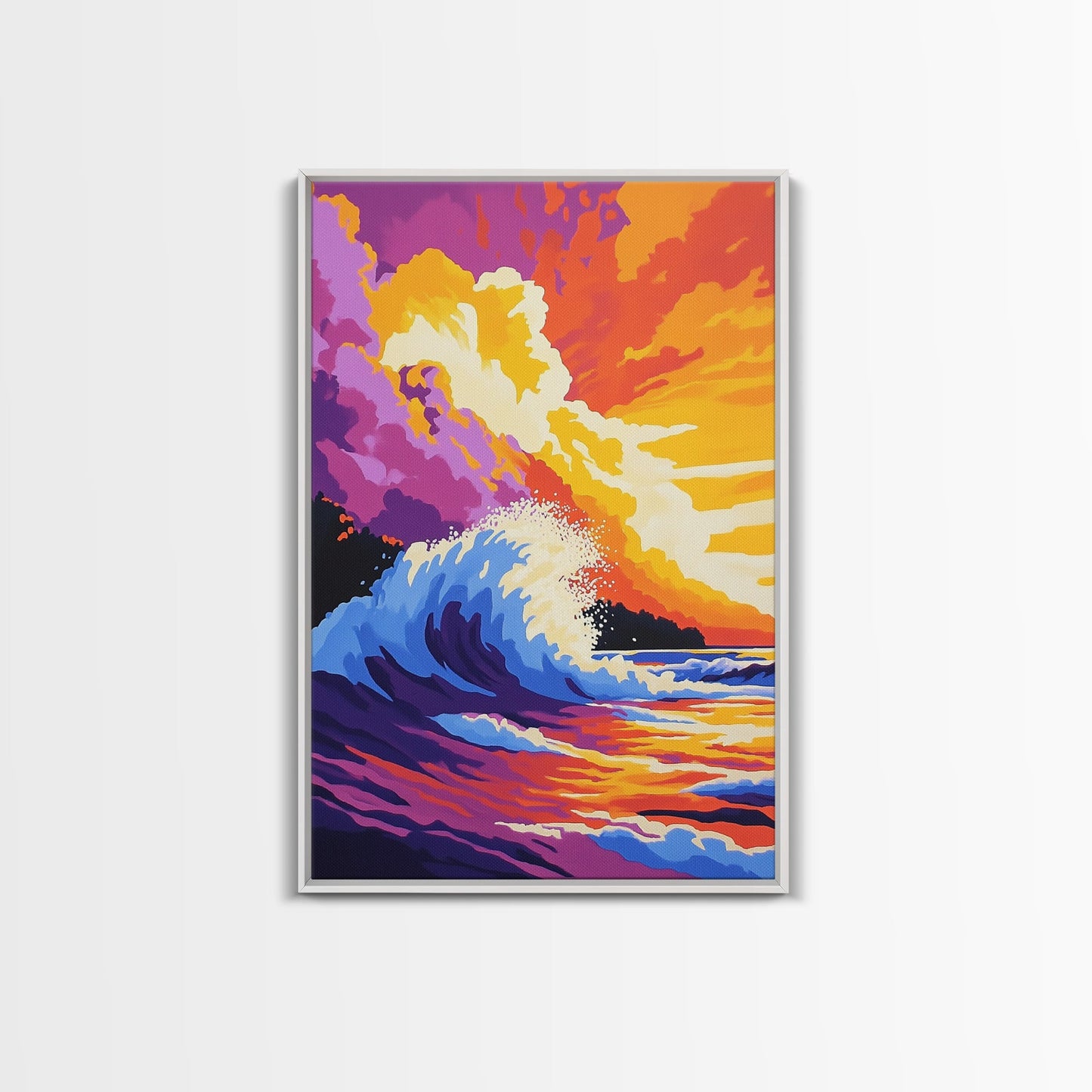 Powerful Ocean Wave, Surfing Wall Art, Vibrant Sunset Seascape, Coastal Home Decor, Framed Canvas Print, Beach House Living Room Art