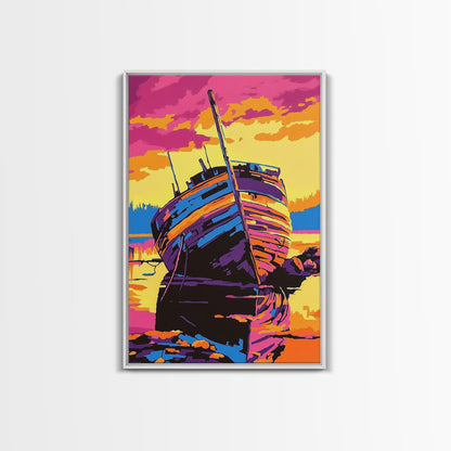 Shipwreck, Abandoned, Sunset, Canvas Print, Nautical Wall Art, Coastal Home Decor, Weathered Beauty, Beach House, Maritime Aesthetic