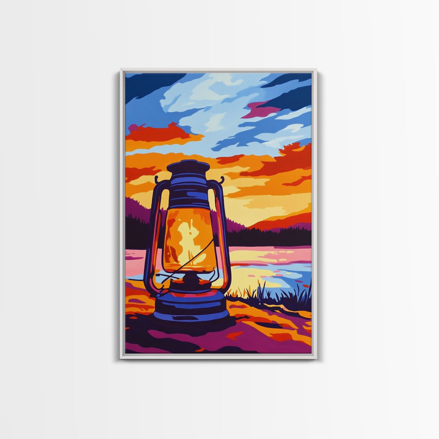 Lantern Glow, Rustic Camping Art, Warm Night Scene, Sunset Painting, Framed Canvas Print, Cabin Wall Art, Nature Decor, Outdoor Aesthetic