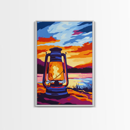 Lantern Glow, Rustic Camping Art, Warm Night Scene, Sunset Painting, Framed Canvas Print, Cabin Wall Art, Nature Decor, Outdoor Aesthetic