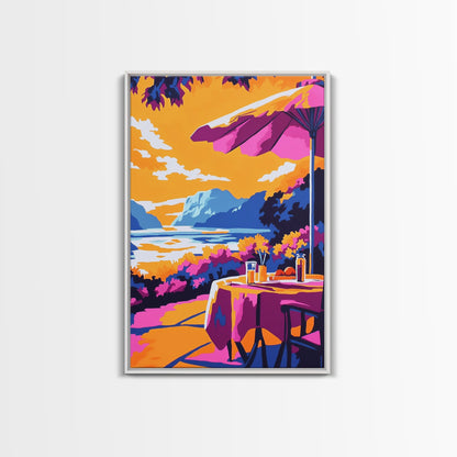 Outdoor Dining, Scenic View, Summer Patio Art, Relaxing Wall Decor, Cafe Scene, Vacation Aesthetic, Framed Canvas Print, Gift Idea