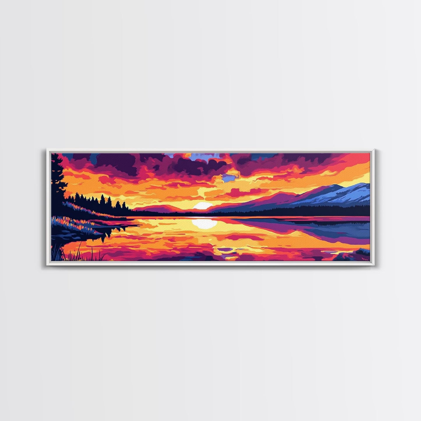 Bergspiegelung, Naturwandbild, Sonnenuntergang am See, Wildnis-Druck, Leinwanddruck, Rustikale Wohndekoration, Kunst fürs Wohnzimmer im Hüttenstil