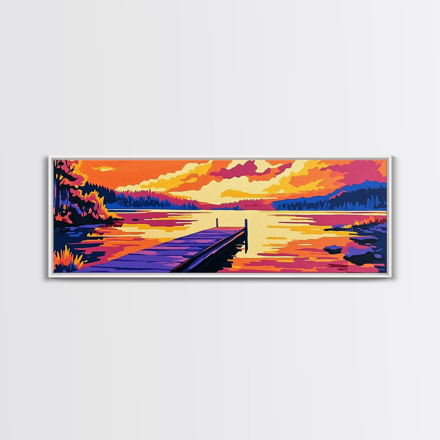 Sunset Lake, vibrant landscape, nature wall art, modern decor, colorful painting, Living Room Wall Art, Canvas Print, Framed Canvas Print