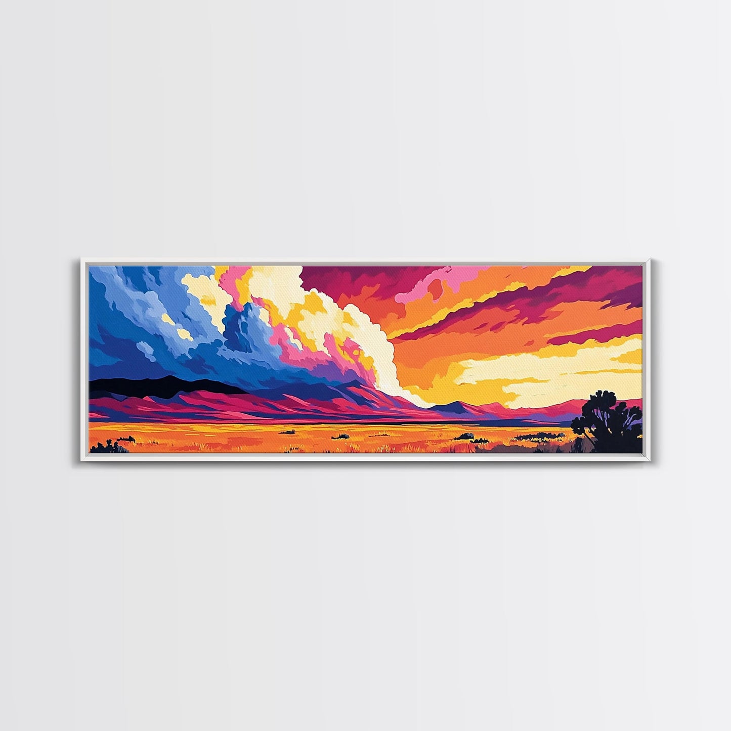 Mountain Clouds, colorful sunset, nature scenery, abstract sky painting, vibrant home decor, Office Wall Art, Framed Canvas Print