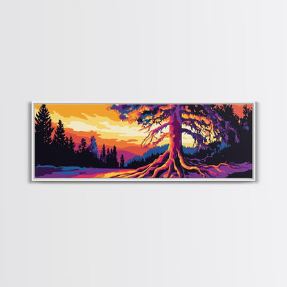 Lebendiger Baum, Sonnenuntergangsmotiv, gerahmter Leinwanddruck, Natur-Wanddeko, psychedelische Kunst, Boho-Landschaft, großes Wandbild, Bürodekoration
