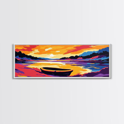 Sunset Boat, Serene Lake, Framed Canvas Print, Tranquil Water Art, Calm Landscape, Warm Color Palette, Boho Home Decor, Bedroom Wall Art