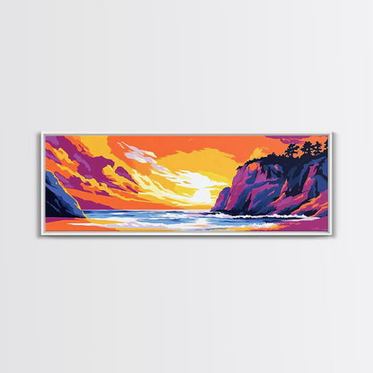 Cliffside Beach, Ocean Waves, Sunset Paradise, Framed Canvas Print, Coastal Landscape Art, Relaxing Home Decor, Vibrant Summer Vibes