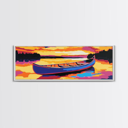 Canoe, Sunset, Water, Framed Canvas Print, Vibrant Lake Art, Nature Wall Art, Rustic Decor, Adventure Art, Cabin Wall Art, Autumn Artwork