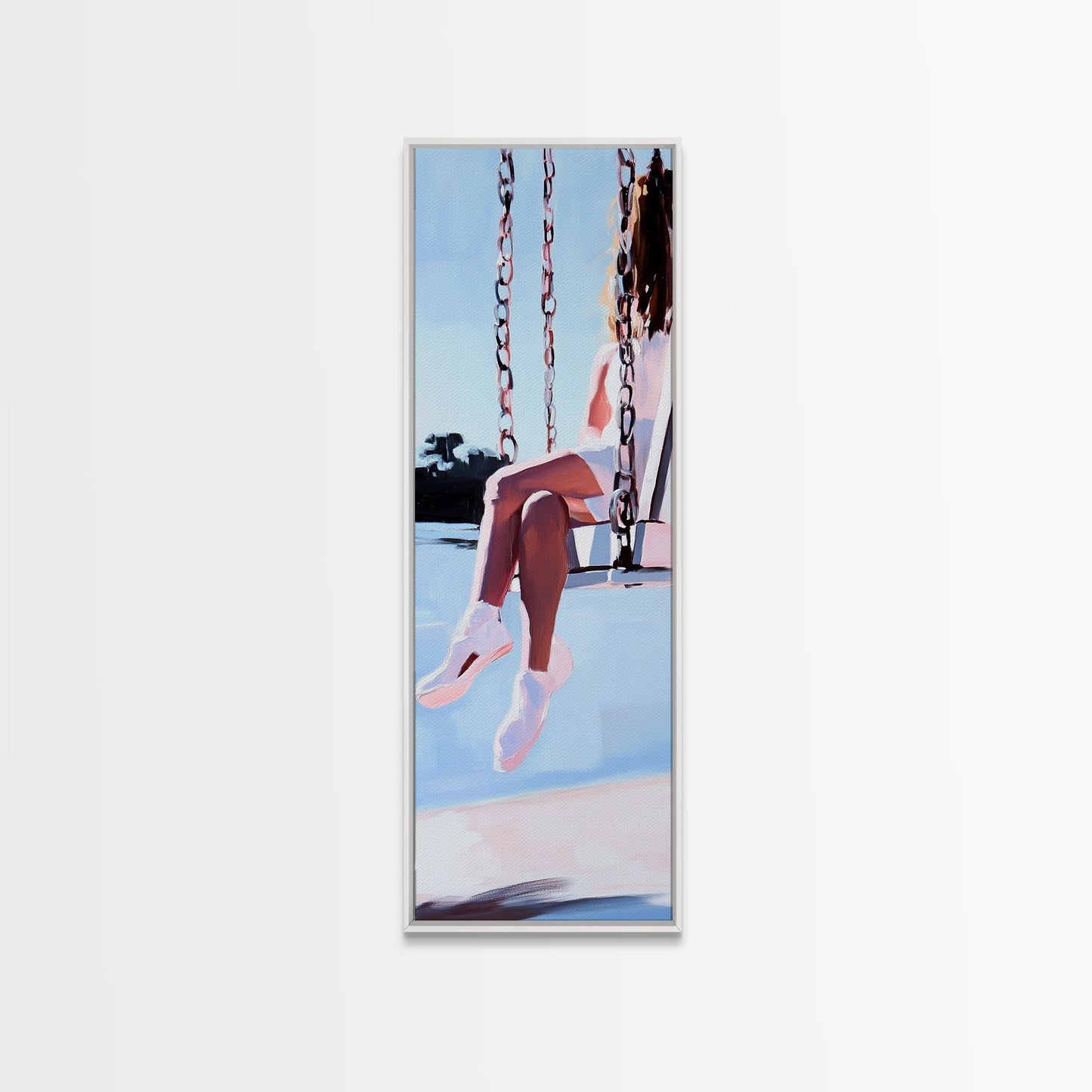 Girl on Swing, Soft Pastel Art, Minimalist Decor, Canvas Print, Whimsical Wall Art, Bedroom Aesthetic, Contemporary Art, Dreamy Home