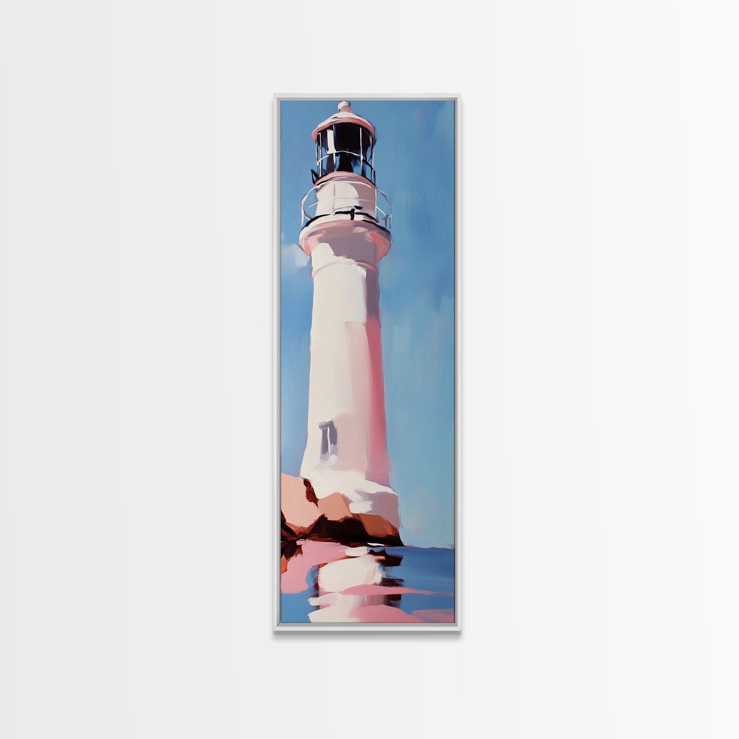 Lighthouse, Pink Sky, Nautical, Coastal Wall Art, Beach Home Decor, Ocean Painting, Modern Seascape, Framed Canvas Print