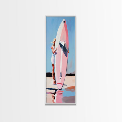 Surfbrett-Mädchen, Sommerstrand, Küstenästhetik, Leinwanddruck, Boho-Wandkunst, Minimalistisches Gemälde, Wohnzimmerdeko, Geschenk, Pastell