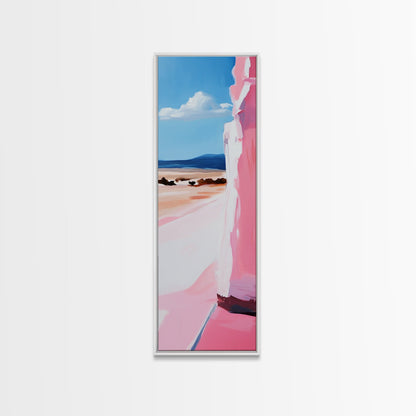Pink Cliff, Ocean View, Tranquil Beach, Framed Canvas Print, Coastal Wall Art, Minimalist Painting, Living Room Decor, Gift, Blue