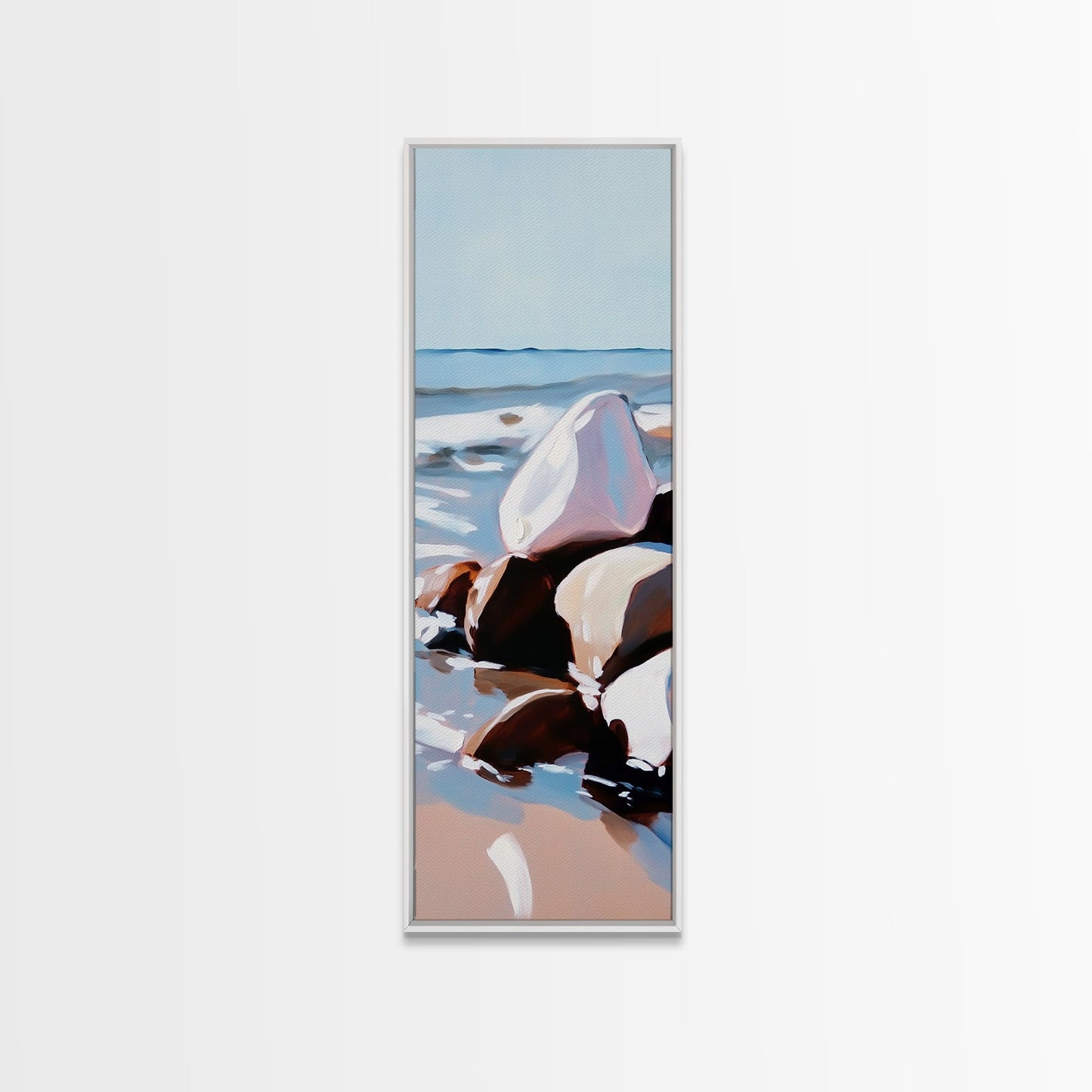 Ocean Rocks, Serene Shore, Tranquil View, Framed Canvas Print, Coastal Wall Art, Minimalist Painting, Bathroom Decor, Zen Art, Gift