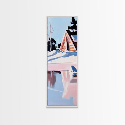 Winterhütte, verschneite Spiegelungen, gerahmter Leinwanddruck, gemütliches rustikales Wandbild, nordische Ästhetik, minimalistische Landschaft, Schlafzimmerdekoration