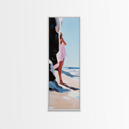 Serene Woman, Beach Reflection, Feminine Art, Framed Canvas Print, Coastal Aesthetic, Boho Minimalist, Bedroom Decor, Neutral Palette