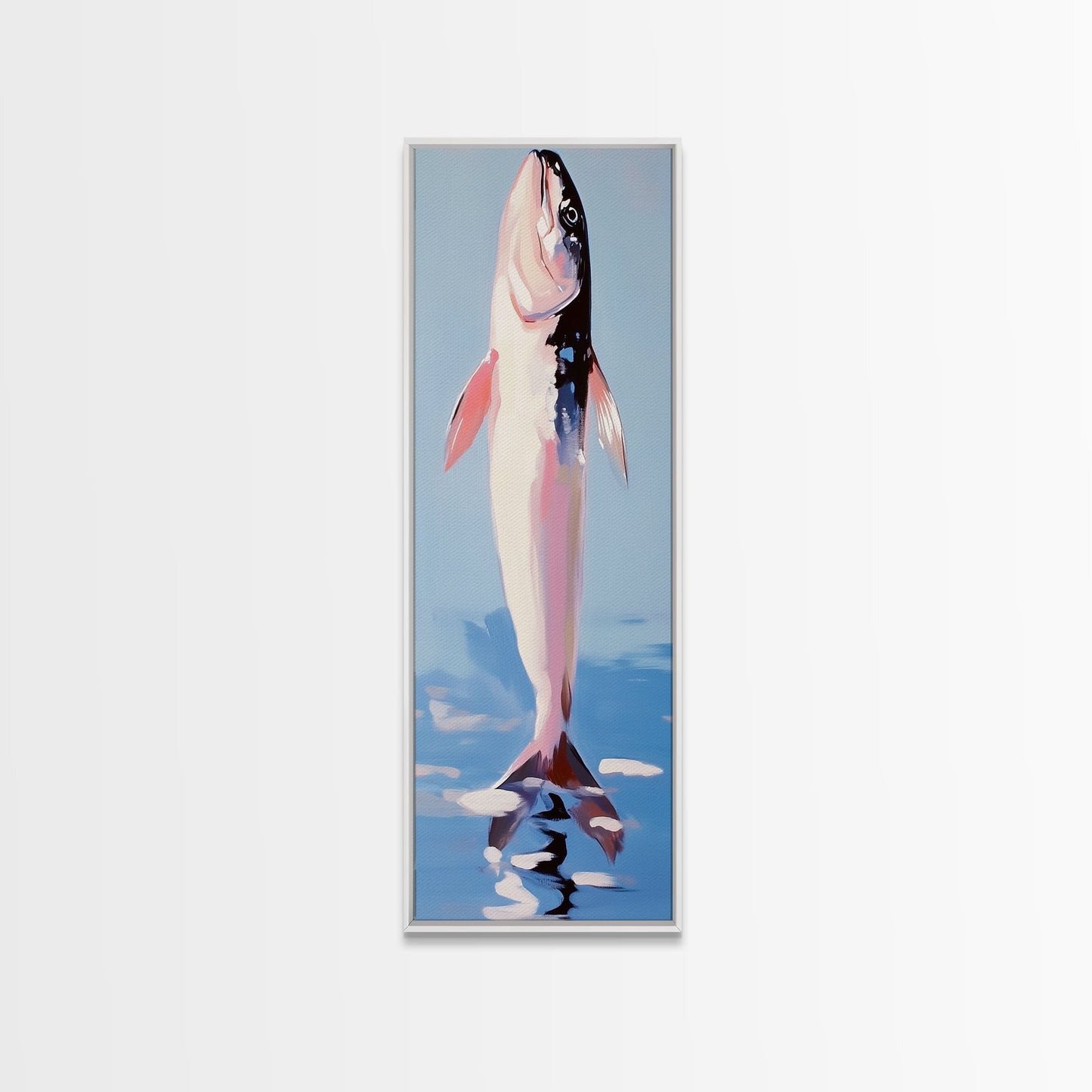 Fish, Water, Minimalist Art, Ocean, Coastal Decor, Marine Life, Blue, White, Kitchen Wall Art, Framed Canvas Print