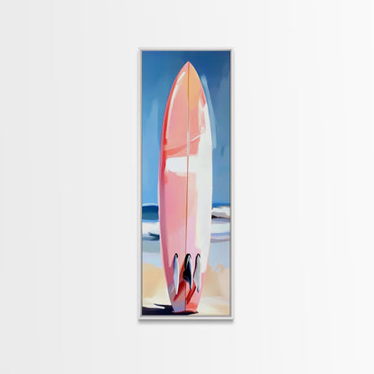 Pinkes Surfbrett, Strandhaus-Kunst, Küstenästhetik, Surfer-Lifestyle, Sommerfeeling, Gerahmter Leinwanddruck mit Ozeanmotiv, Moderne Wanddekoration