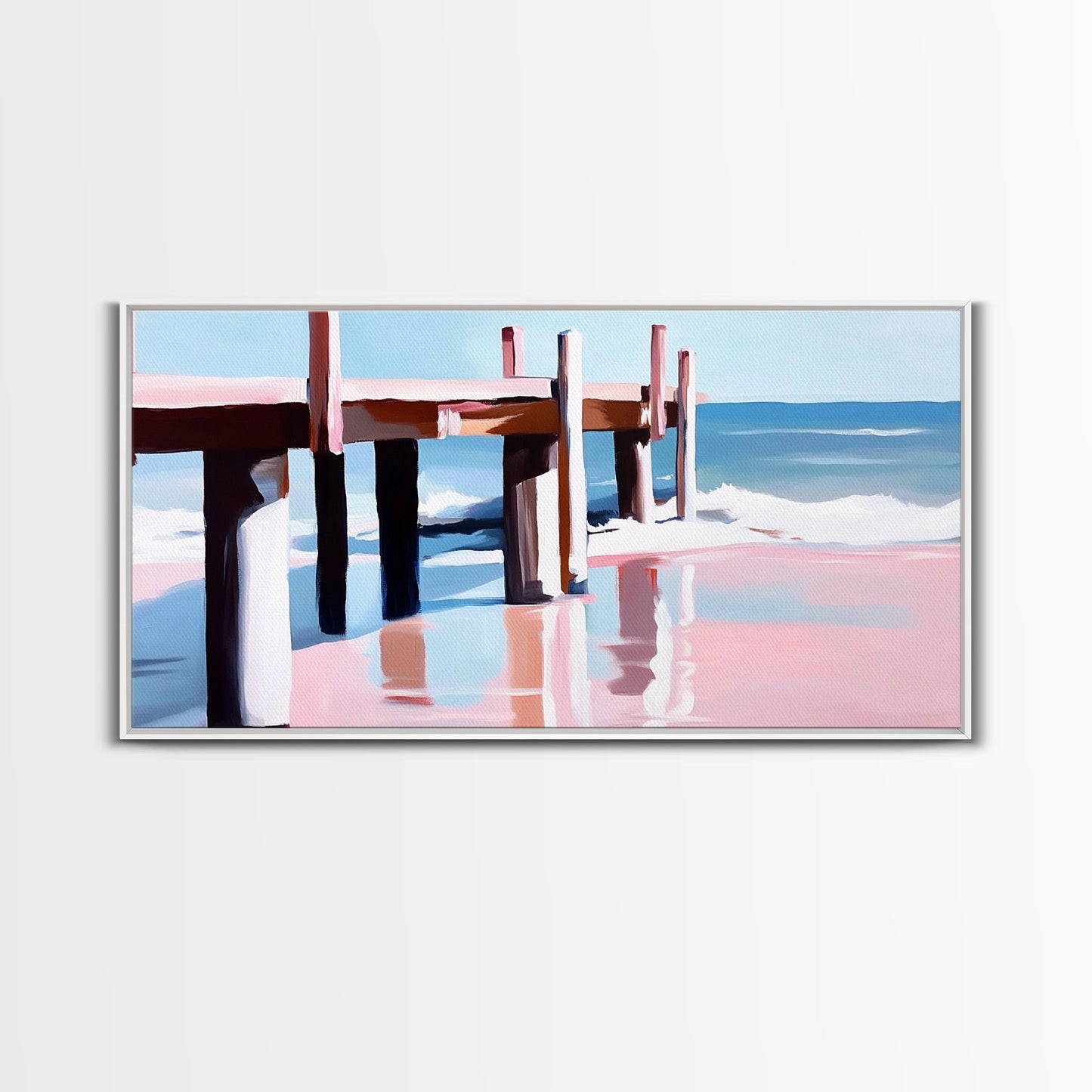 Strandpier-Gemälde, Küstenlandschaft, maritime Kunst, minimalistische moderne Ästhetik, entspannende sommerliche Wanddekoration, Leinwanddruck