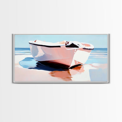 Beach Boat, Ocean Reflection, Coastal Calm, Canvas Print, Minimalist Nautical Art, Summer Home Decor, Living Room Wall Art, Tranquil Vibes