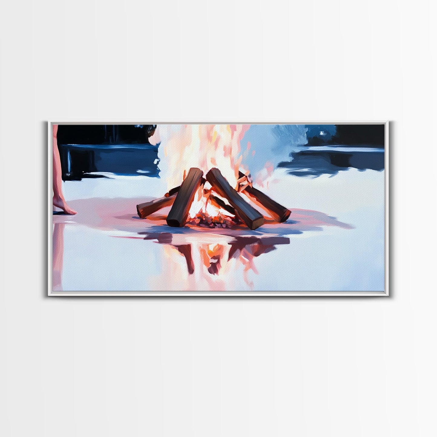 Gemütliches Lagerfeuer, Feuerspiegelung, Lagerfeuerglühen, Herbstnacht, gerahmter Leinwanddruck, Wandbild für die Hütte, rustikale Dekoration, warme Atmosphäre, Herbstkunst