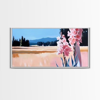 Rosa Blumen, Naturlandschaft, Wandbild im Landhausstil, Blumenästhetik, Boho-Dekor, Schlafzimmer-Wandbild, Minimalistische Kunst, Leinwanddruck