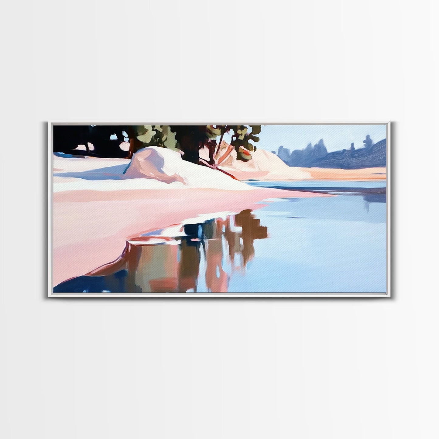 Küstenbaum, Dachüberstand, Leinwanddruck, vom Meer inspirierte Dekoration, moderne Strandwandkunst, pastellfarbene Meereslandschaft, ruhige Szenerie, tropisches Flair