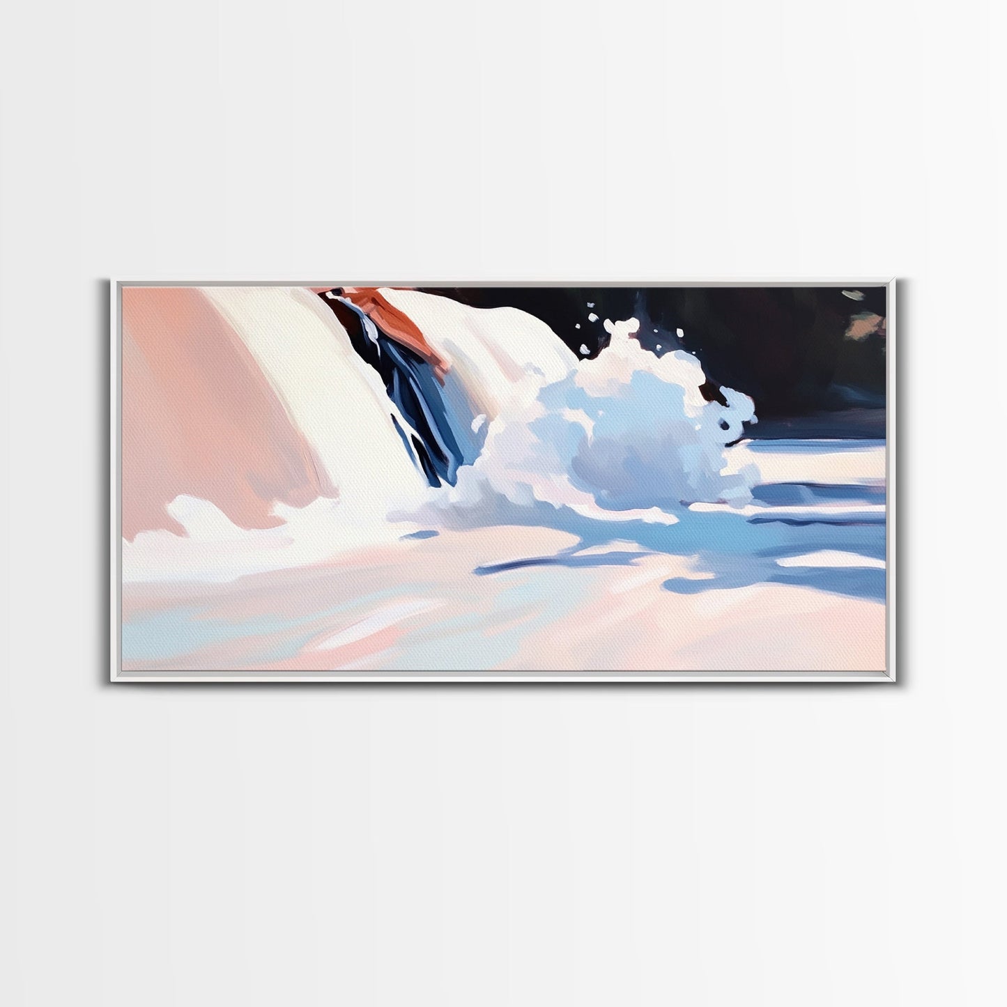 Snow Peak, Clouds, Framed Canvas Print, Alpine mountain scene, winter painting, Scandinavian decor, minimalist landscape, abstract nature art